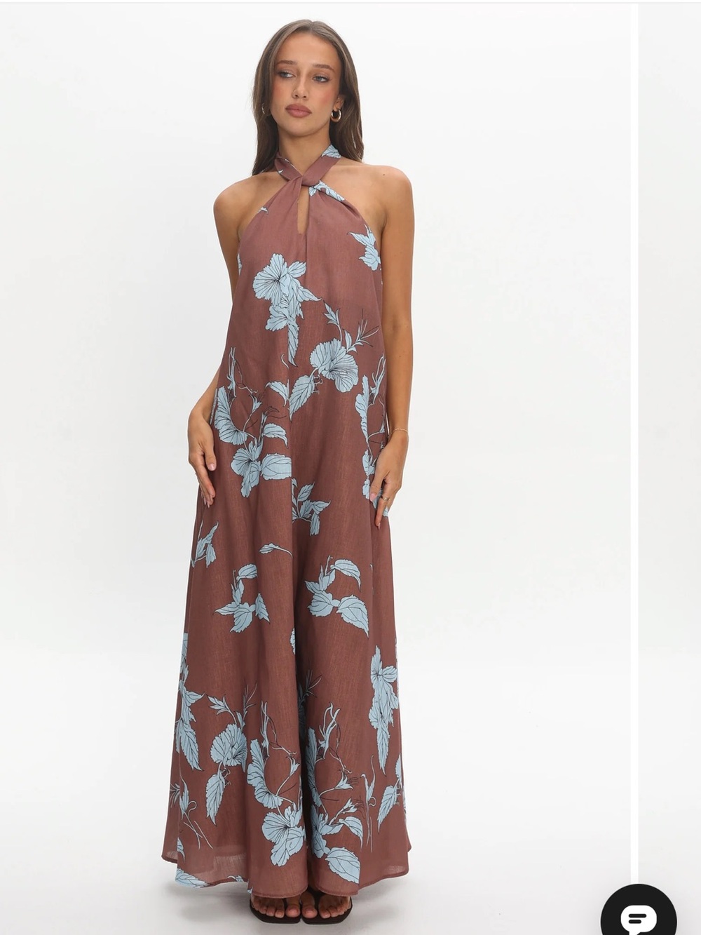 Selfie Leslie Cheer Backless Halter Maxi Dress Print Floral Chocolate